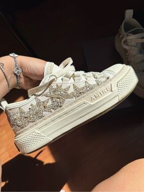 AMIRI Cream Sneaker with Gold Glitter Star Accents